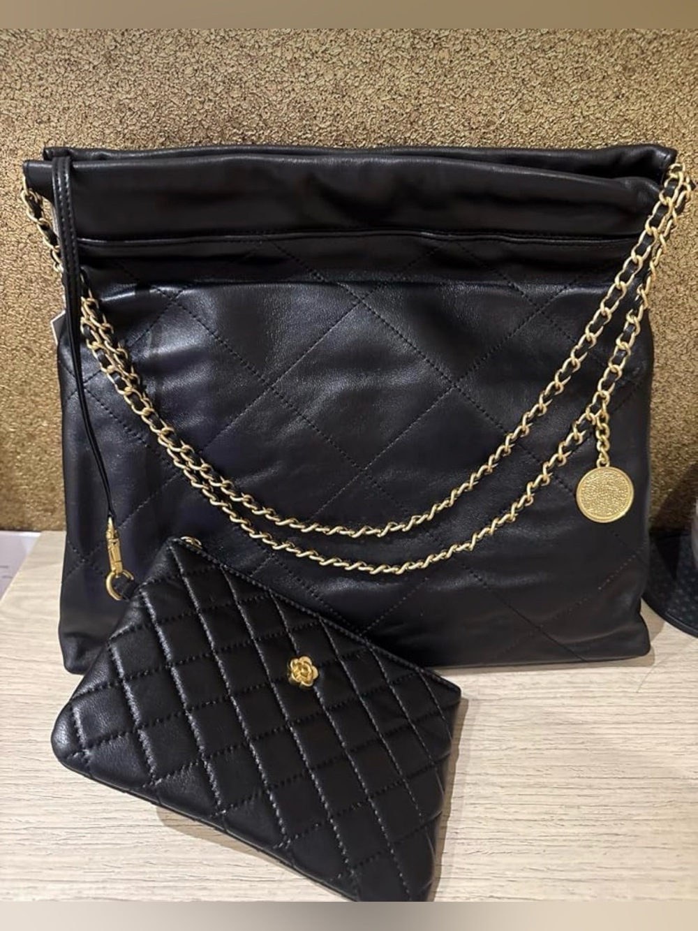 Genuine Lambskin Quilted Hobo Tote Bag Women Designer Style Gold Chain Pouch